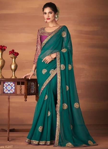 Teal Green Colour TFH DULHAN Latest Stylish Fancy Party Wear Georgette Heavy Designer Saree Collection 6207